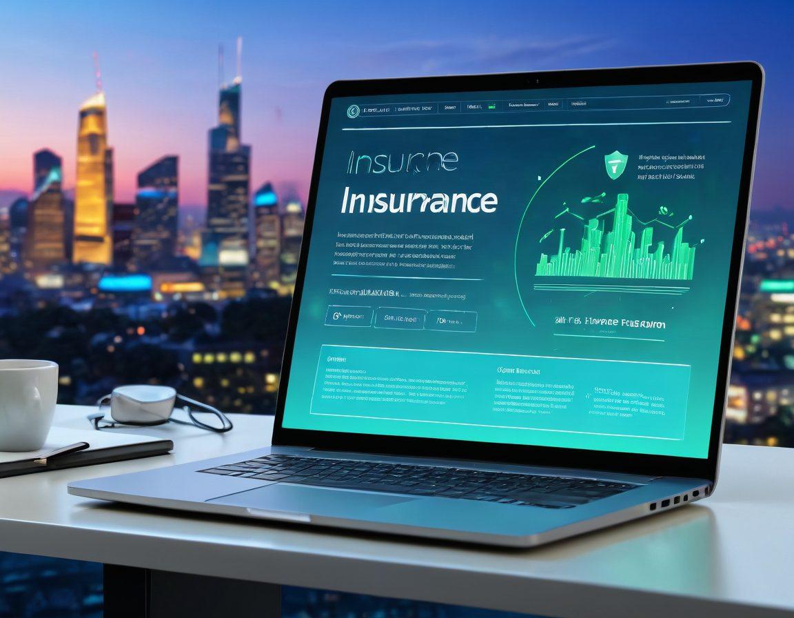 A futuristic scene depicting a user-friendly web-based insurance platform on a sleek laptop screen with floating digital quotes transforming into insurance claims represented as glowing icons. In the background, a city skyline with advanced technology and vibrant holograms showcases the blend of finance and innovation. Soft blue and green tones convey trust and efficiency. super-realistic. vibrant colors. 3D.