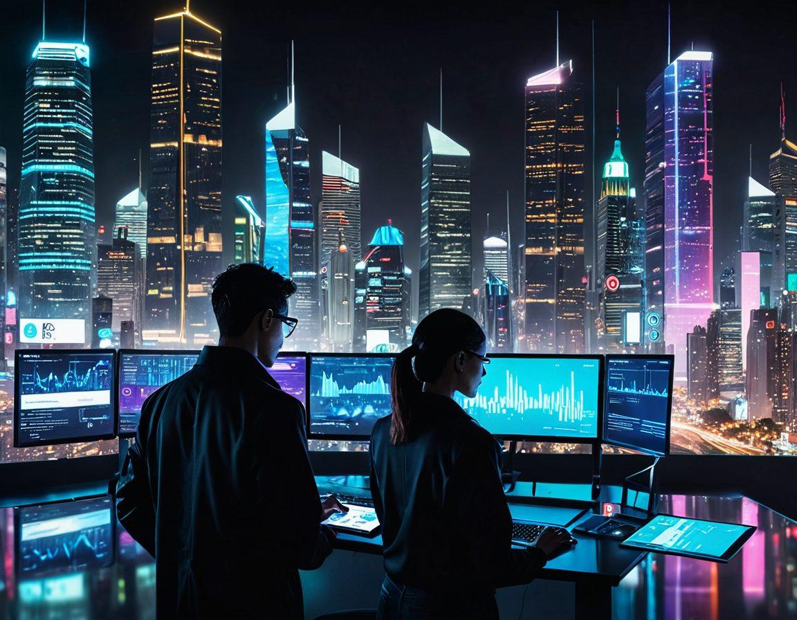 A futuristic city skyline showcasing digital insurance platforms in the form of holograms, with diverse people engaging with devices displaying various insurance policies. Emphasize bright, glowing interfaces that illustrate modern technology and accessibility, blending traditional insurance elements like documents and coins in the scene. Overlay graphs and statistics to symbolize data-driven decisions. super-realistic. vibrant colors. cyberpunk.